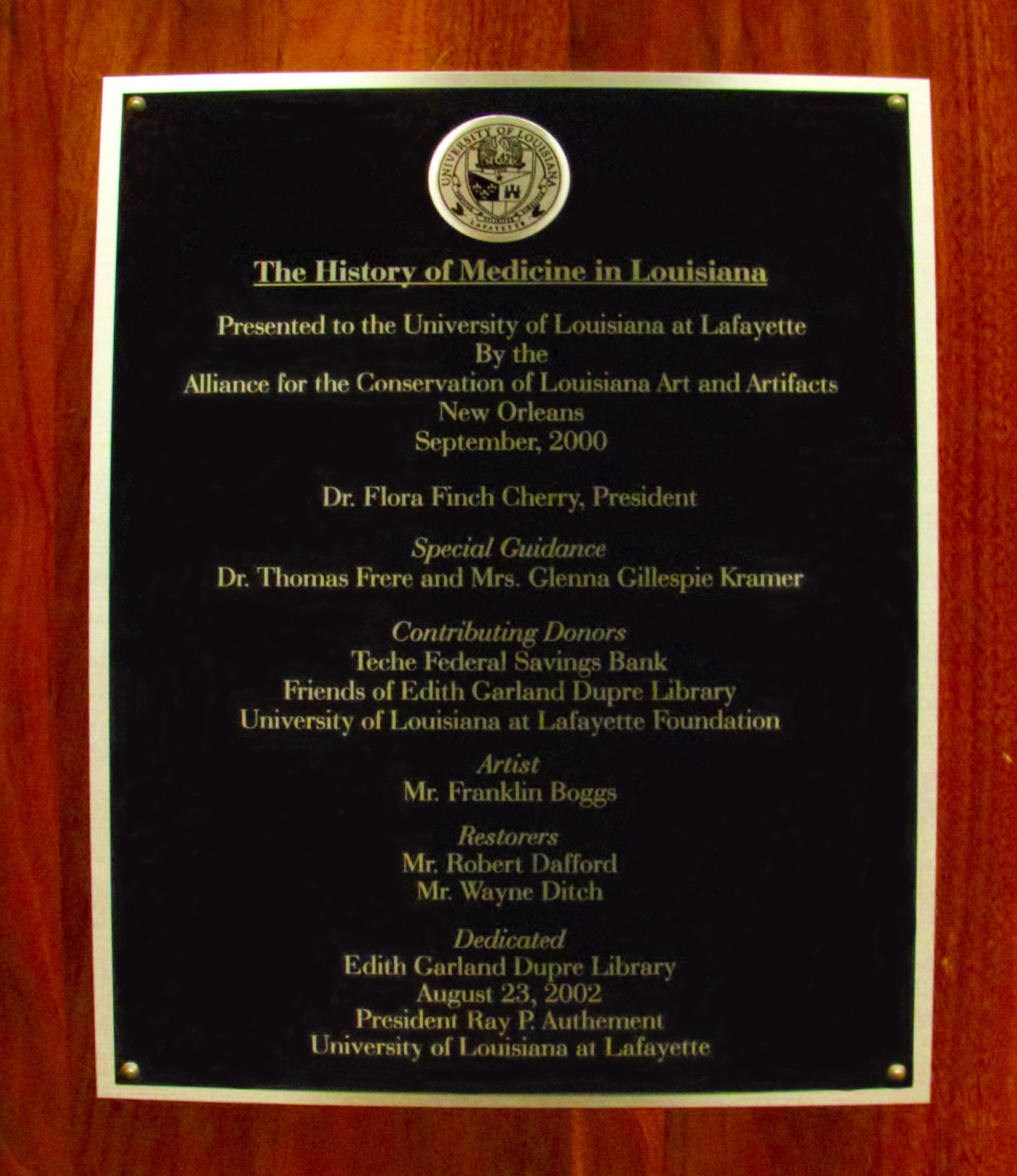 The History of Medicine Mural Dedication Plaque