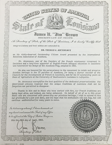Certificate of official proclamation thanking Thomas Arceneaux for his contributions to French Louisiana