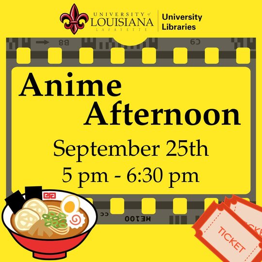 Anime Afternoon at Dupre Library on September 25, 5 p.m. to 6:30 p.m.