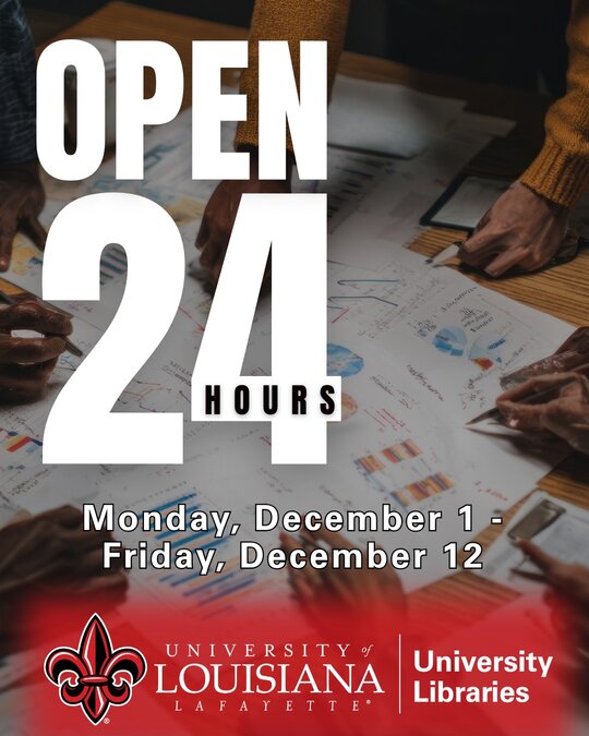 Edith Garland Dupre Library is open 24 hours from Monday, December 1 through Friday, December 12. All public service departments close at their regular business hours.