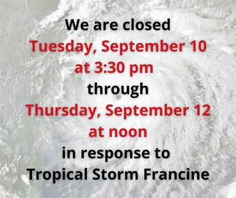 Library Hours - Closure and reduced hours due to Tropical Storm Francine