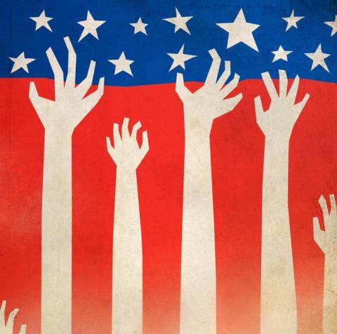 hands reaching up to stars - usa flag